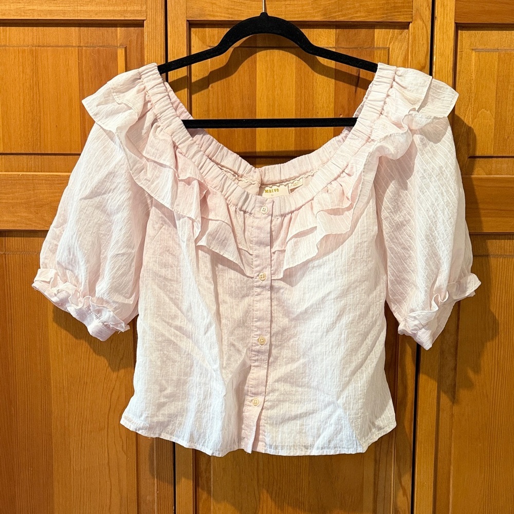 Anthropologie Maeve Ruffle Neck Puff Sleeved Blouse Pink